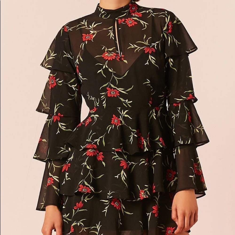 NWT Black and Red Floral sheer tiered mini dress Size Small